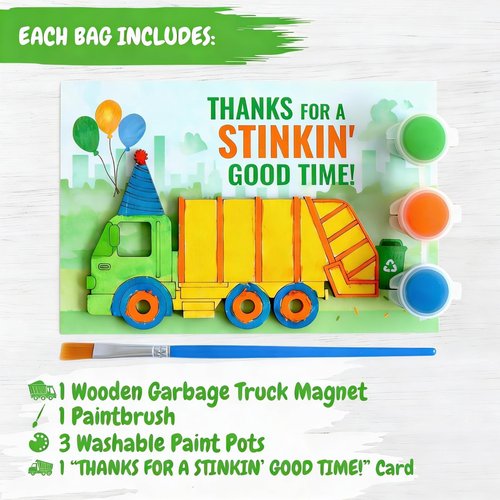 12 Pack Garbage Truck Party Favors for Kids – Individually Wrapped Paint Your Own Wooden Magnet Craft Kits with Thank You Card, Trash Day Birthday Supplies for Boys & Girls