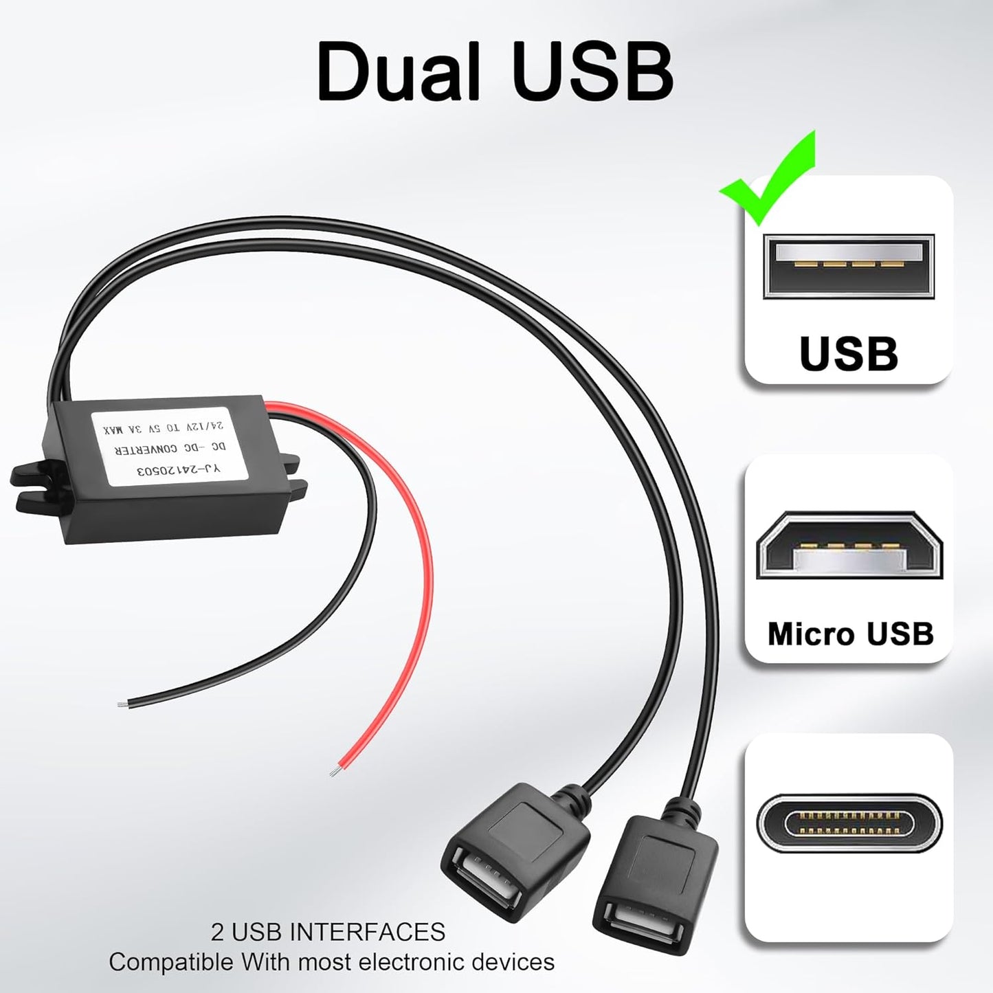 JSADZKJ 12V 24V 5V 3A 15W DIY30cm/1ft(Double DC to Dual USB Female Power Converter,DC-D C Step Down Power