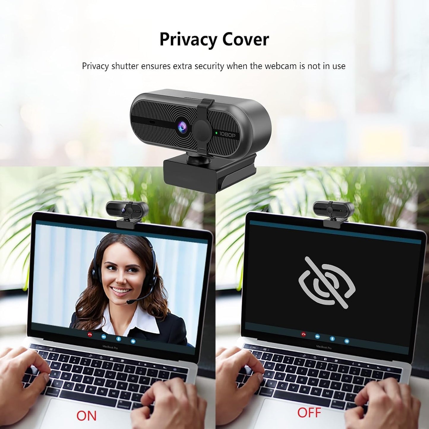 MOERTEK 1080P 90 Webcam for PC, Webcam with Mic, Auto Light Correction, Wide Angle, Built-in Privacy Cover, Supports
