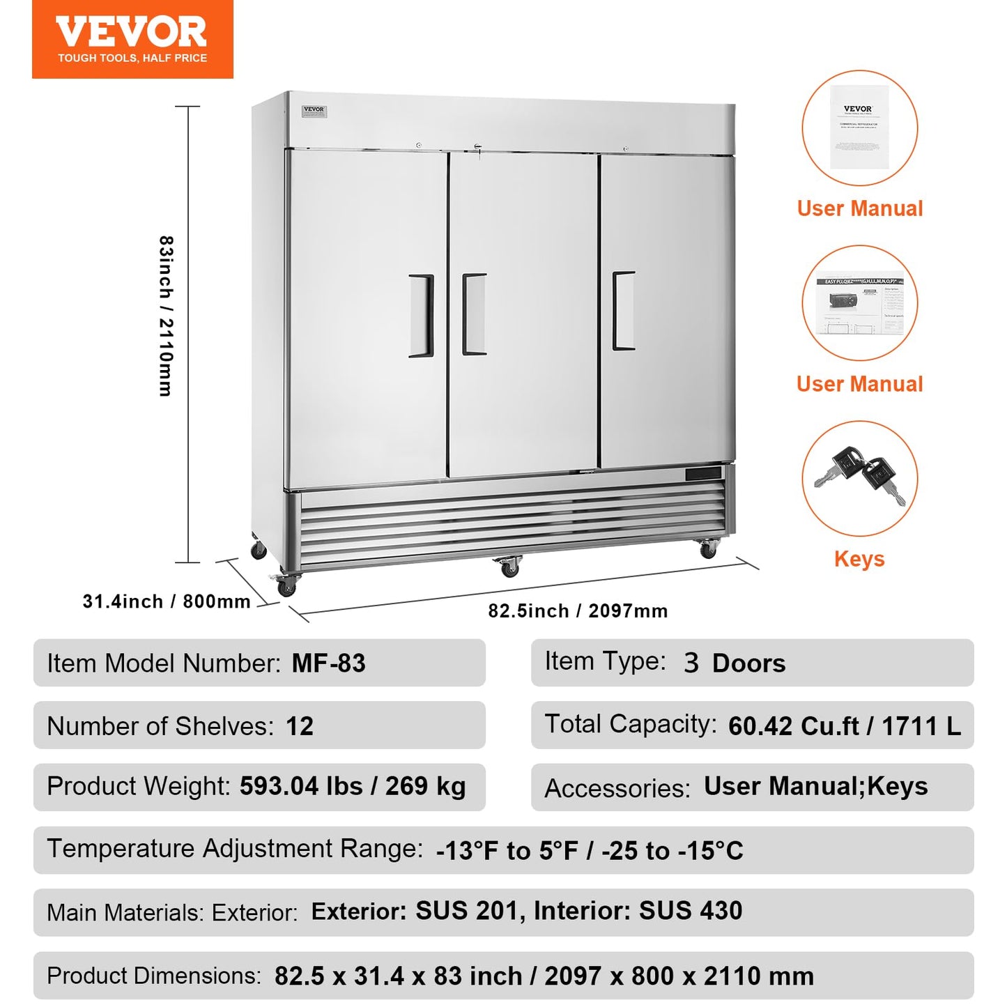 VEVOR Commercial Freezer 60.42 Cu.ft, Reach In 82.5" W Upright Freezer 3 Doors, Auto-Defrost Stainless Steel Reach-in Freezer with 12 Adjustable Shelves, -13 to 5℉ Temp Control, LED Lighting, 4 Wheels