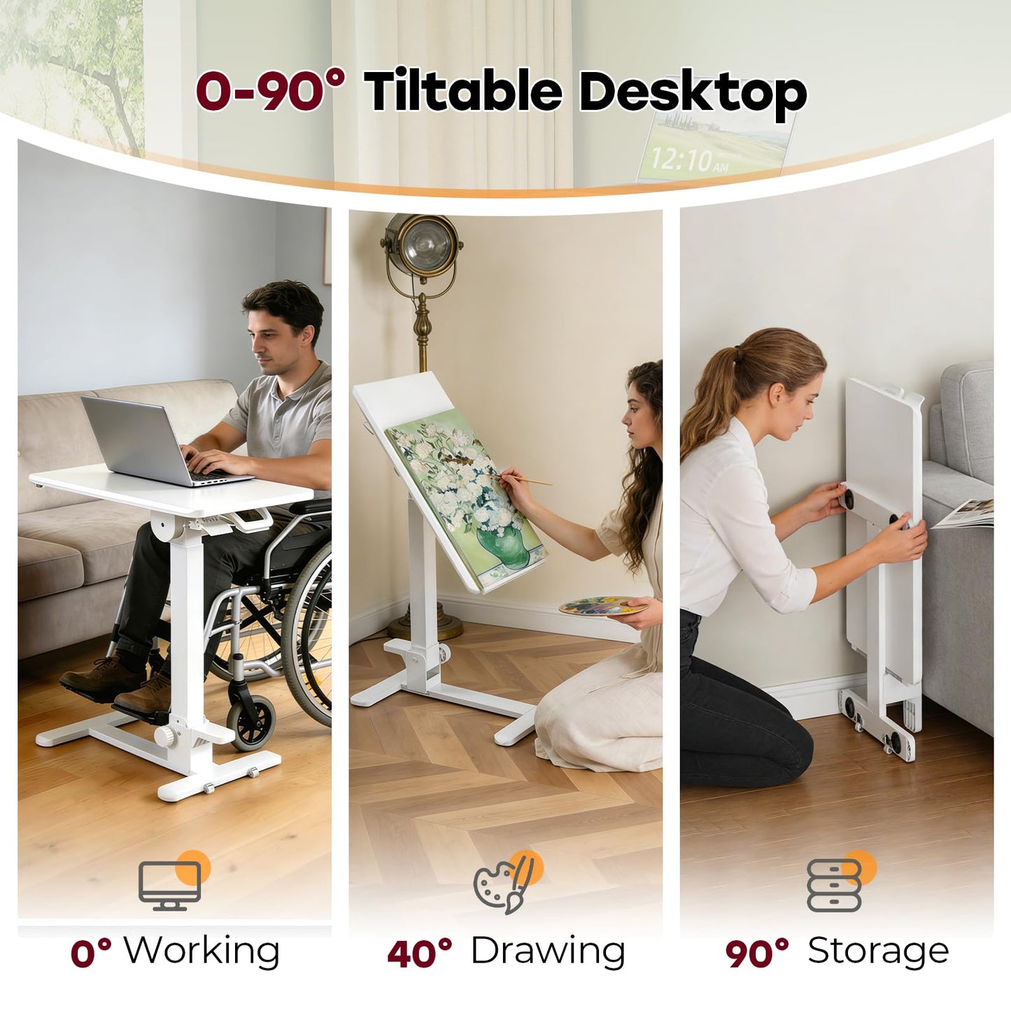 JYLH JOYSEEKER Foldable Mobile Standing Desk, 27 Inch Small Rolling Laptop Cart Height Adjustment, 90° Tiltable Bedside Table, No Assembly Needed Portable Computer Workstation, White