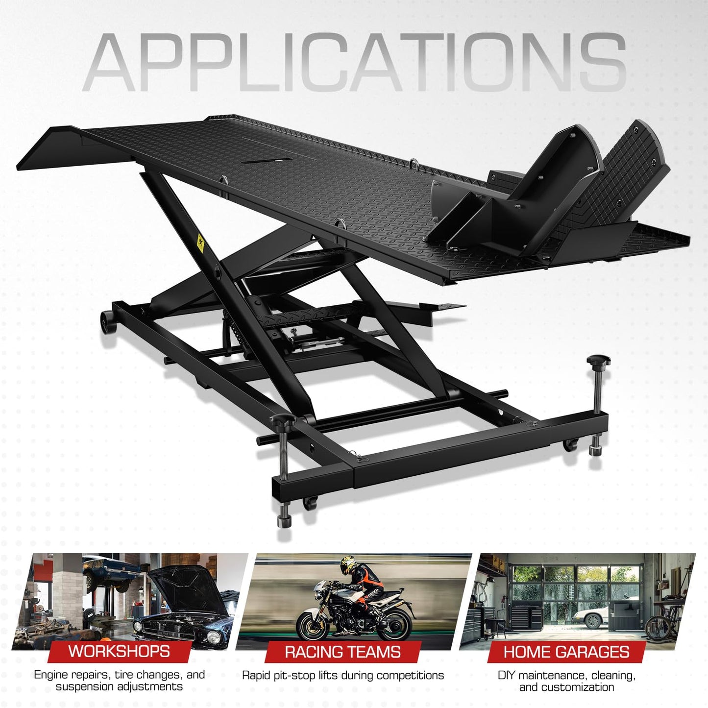 DNA Motoring Motorcycle Lift Table 1000lbs Capacity Motorcycle Support Stand L 86.2in x W 22in Motorcycle Lift Jack Lifting Range 7.2-30.3in Black TOOLS-00780