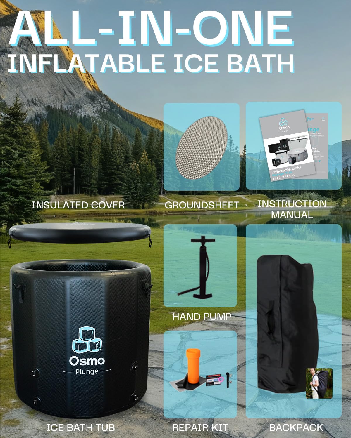 Inflatable Ice Bath Tub for Athletes Compatible with Water Chiller Cold Plunge Tub for Recovery with Insulated Lid, Groundsheet and Backpack, Drop Stitch Construction, 130 Gallon
