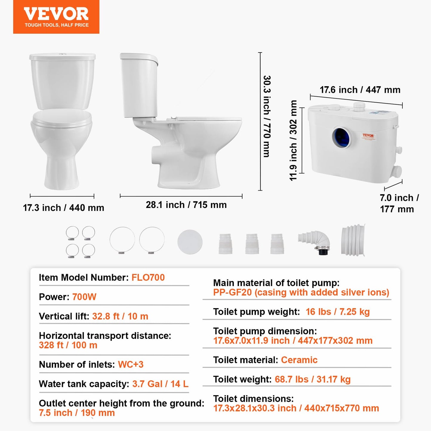 VEVOR Macerating Toilet System with Powerful 700W Macerator Pump, Rear Discharge and Upflush Toilet For Basement, Dual Flush Water Disposal, Macerating Toilet System Kit with 3-Inlet, Space Saving