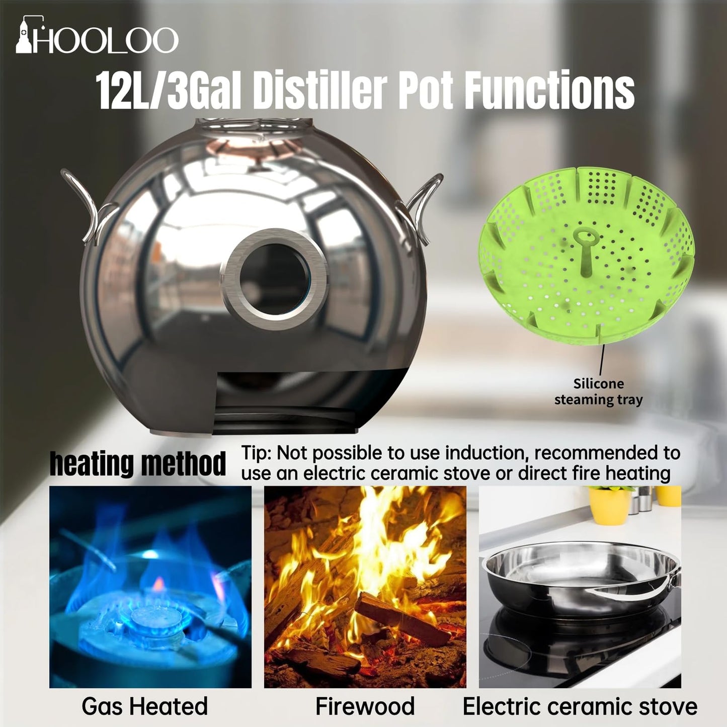 HOOLOO D15 Distiller Still for Home Use Kit 304 Stainless Steel Making Kit with Thermometer Hydrosol Essential Oil Alcohol Brandy Vodka 4Gal (D15-12Liters/3Gal -Direct fire Heating)