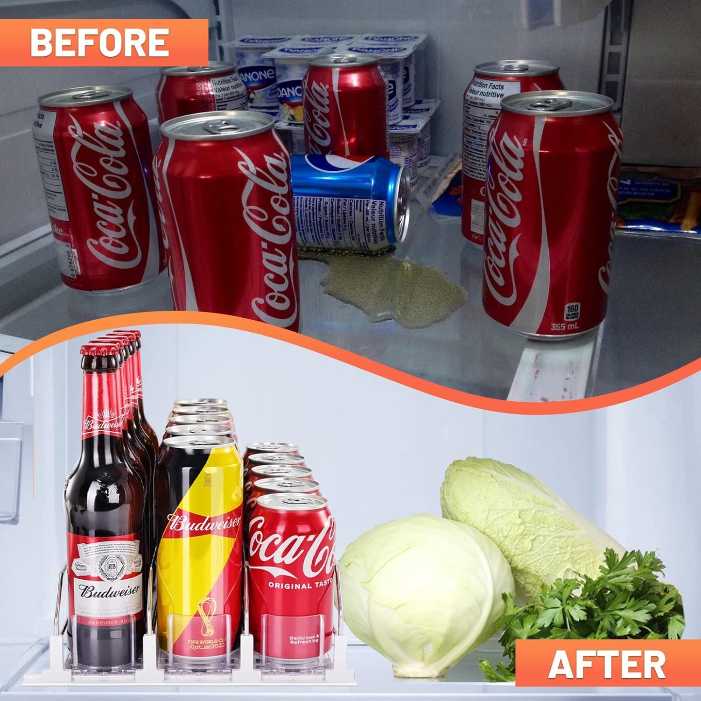 Skiennix Drink Organizer - Self-Sliding Soda Can Holder for Fridge | Adjustable Width, Holds 15+ Cans (3 Rows, 38 CM)