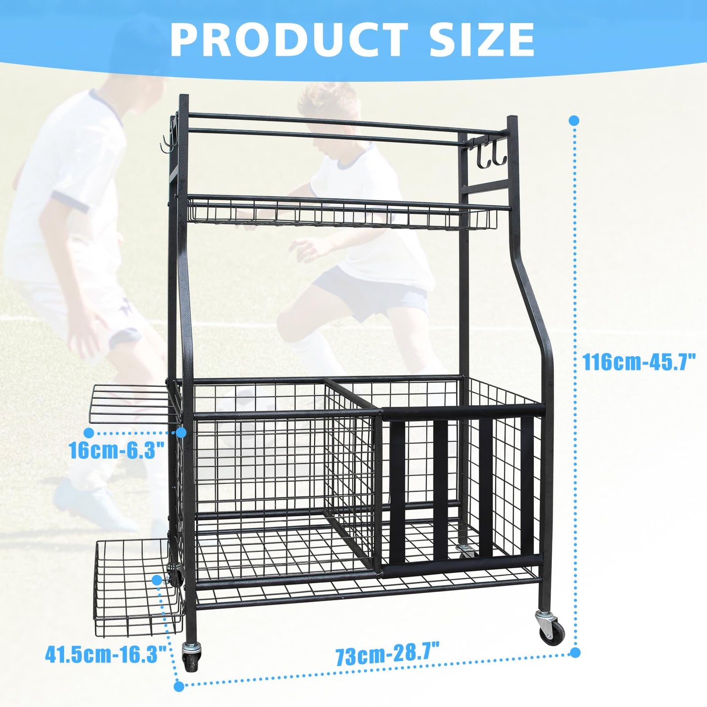 ICSPOID Sports Equipment Garage Organizer, Garage Ball Storage Rack with Basket, Hooks and Rolling Cart for Sports Gear and Toy Storage, Heavy Duty Ball Holder Indoor/Outdoor Use