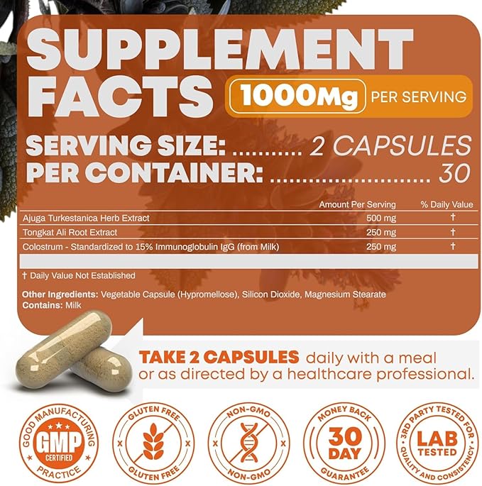 Turkesterone & Tongkat Ali 1000mg Supplement - 500mg Ajuga Turkestanica Per Serving Increase Stamina, Lean Muscle Growth & Recovery - Made in The USA (60 Capsules)