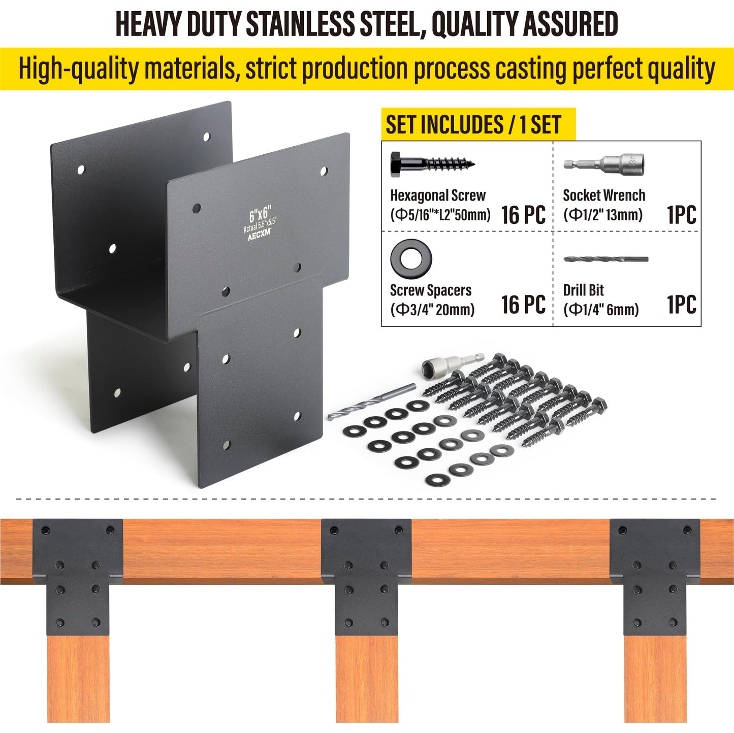 6"x6" (Actual 5.5"x5.5") Heavy Duty Post Caps Tie Brackets for Wood, Deck Post to Beam Connector Bracket（Serial Post） 1Pack