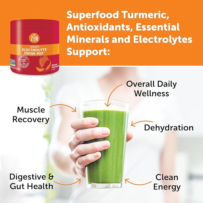 ZYN Electrolyte Hydration Drink Mix (30 Servings), Mango Pomegranate Electrolytes Powder, Hydrating Formula w/Turmeric Curcumin, Vitamin C & D, Zinc, Electrolyte Support Drink Mix