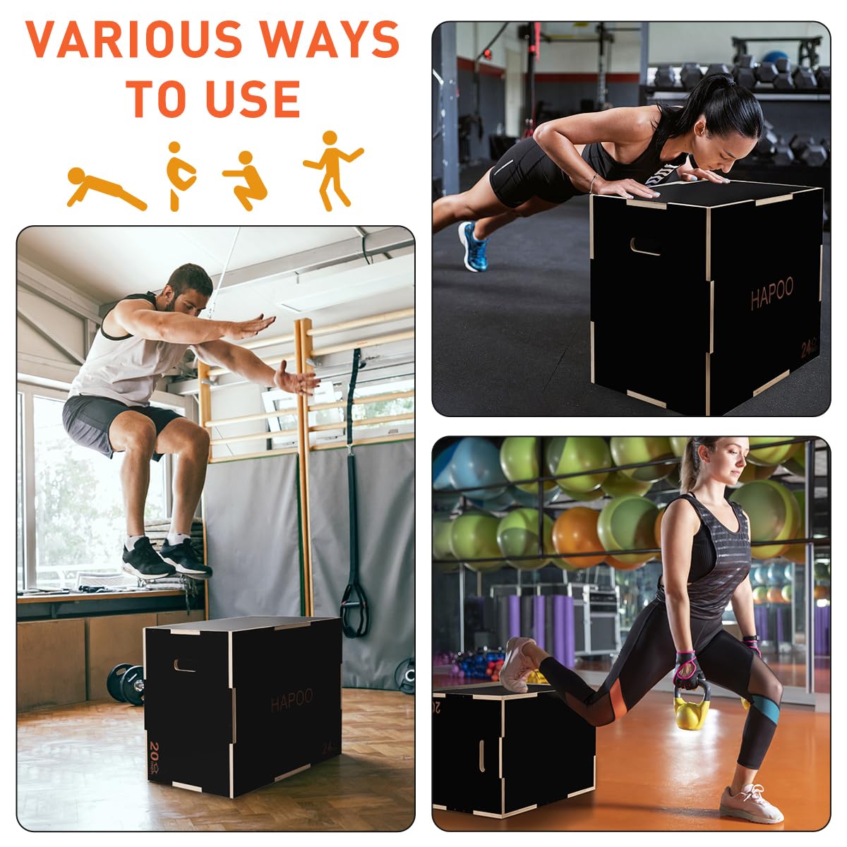 HAPOO 3-in-1 Wooden Box Jumps for Home Gym，30"x24"x20"450 lbs Boxes Step Up with Smooth Edges & Wide Built-in Handles for Jumping, Strength Training, Lunges, Squats,