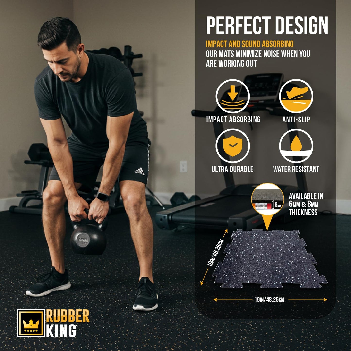 Rubber King 10 Piece Interlocking Tiles 19" x 19" x 6mm - 100% Recycled Rubber Gym Floor Tiles, Exercise Mat for Home Gym, Anti-Slip Low-Odor Interlocking Puzzle Floor Tiles - 23.5sq ft - Grey