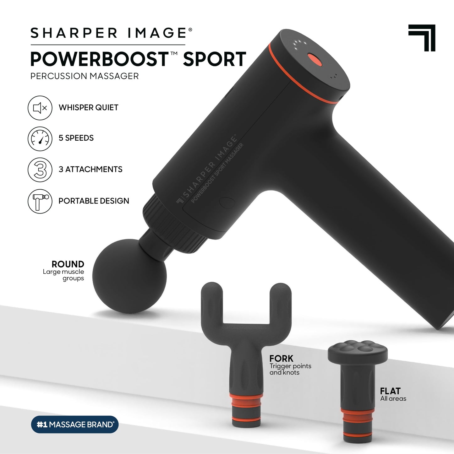Sharper Image® Powerboost™ Sport Percussion Massager, Lightweight Portable Design with Quiet Drive Technology, Includes 3 Attachments