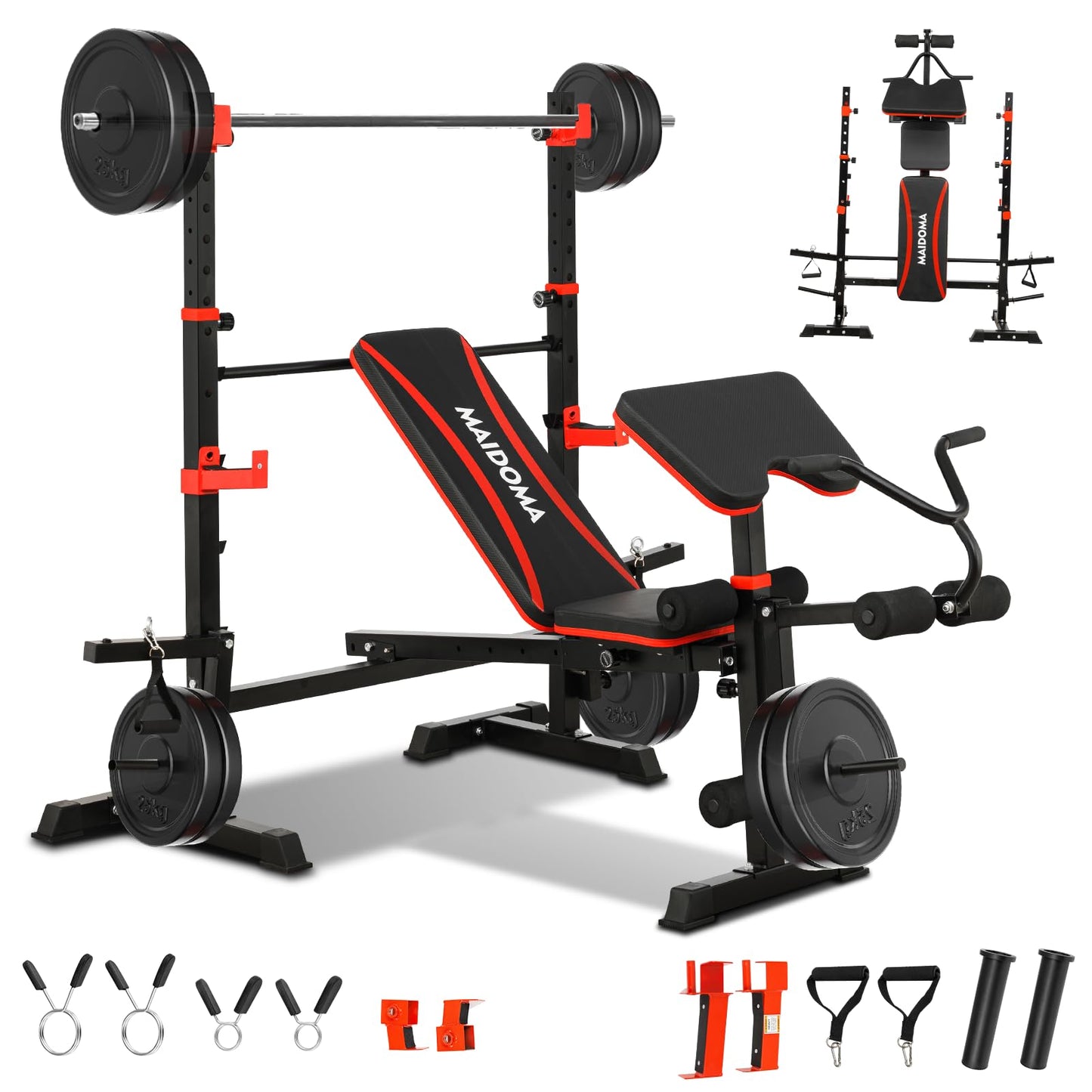 1500LBS 6 in 1 Weight Bench Set with Leg Extension/Curl and Preacher Curl, Bench Press Set and barbell Rack with Safety Bar Catches, Foldable Workout Benches for Home(US Stock)