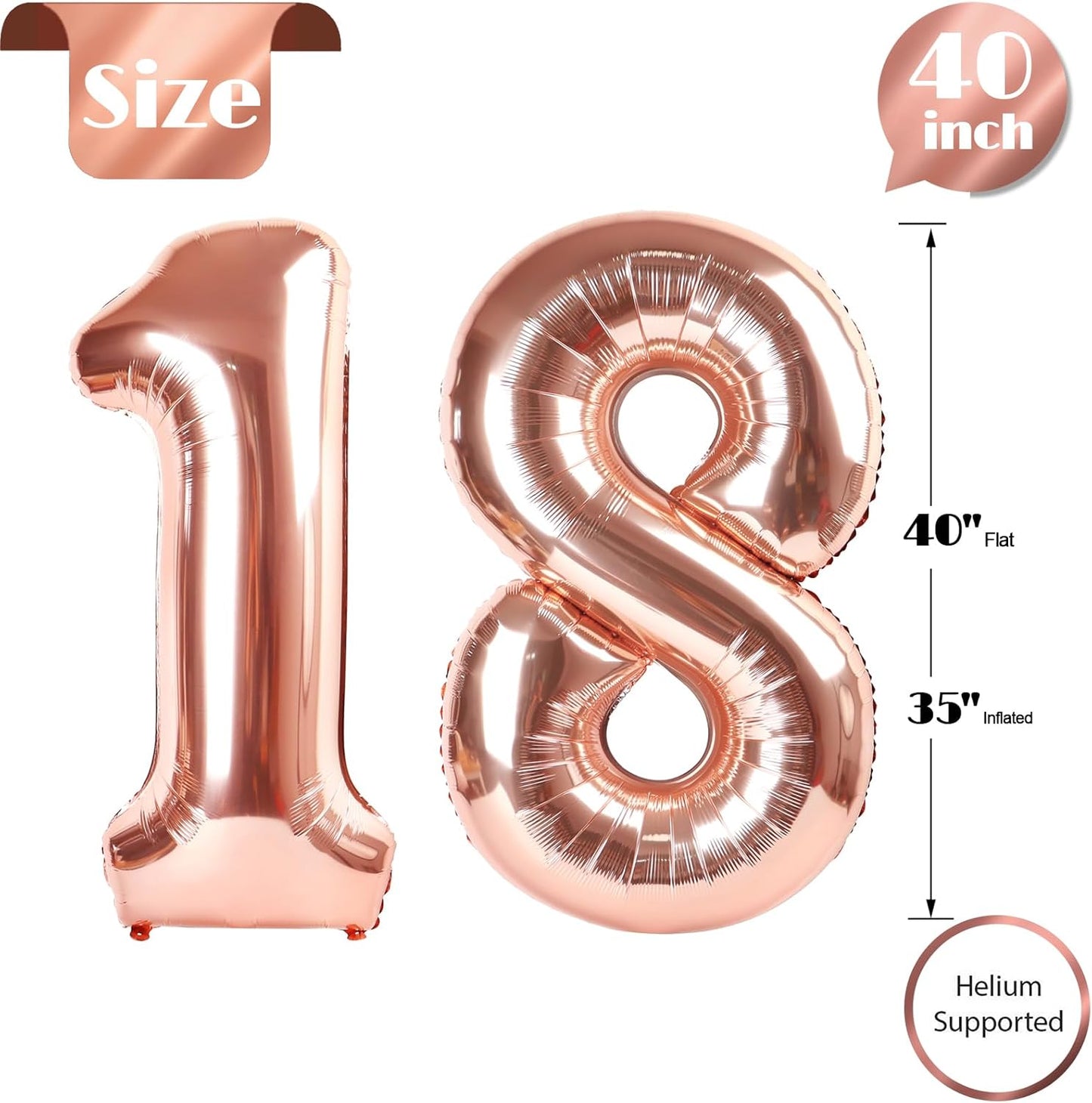 Rose Gold Number 18 Balloon - 40 Inch 18th Birthday Decoration for Women & Men