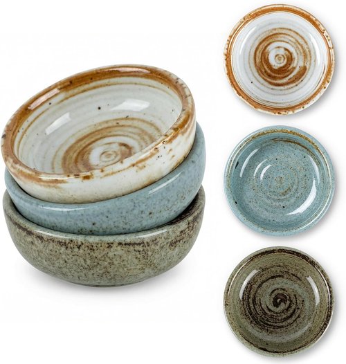 Clothmile Vintage Ceramic Sauce Dishes - 3 Inch Handmade Kiln Glazed Asian Bowls for Sushi & Snacks