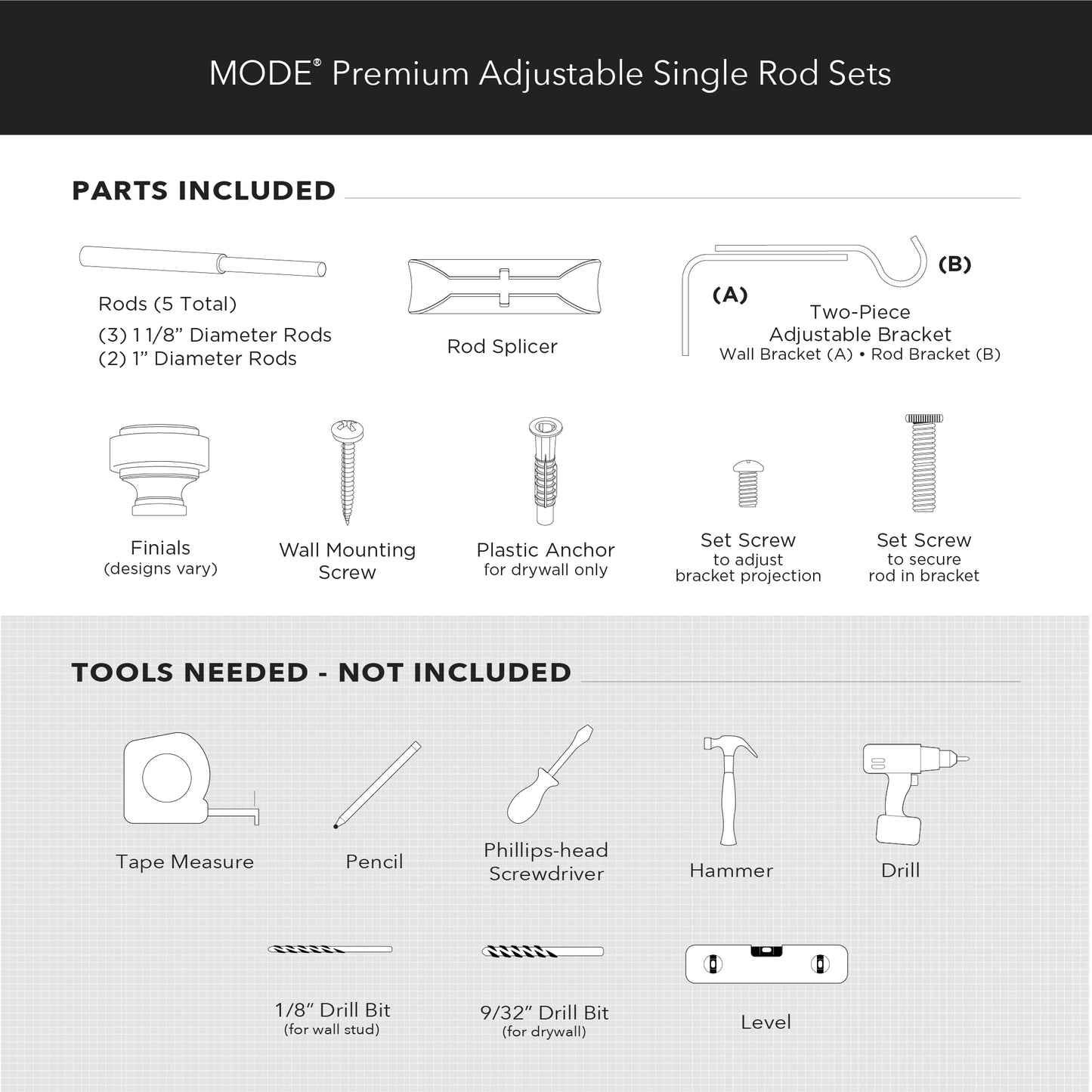 MODE Premium Collection 1 1/8" Diameter Curtain Rod Set with Brilliant Doorknob Curtain Rod Finials and Steel Wall Mounted Adjustable Curtain Rod, Fits 144” to 240” Windows, Brushed Gold