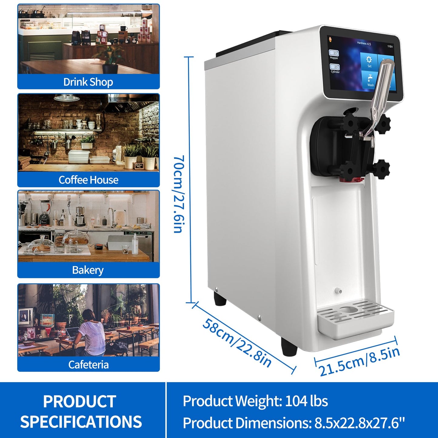 XPW Commercial Ice Cream Machine - 1000W 110V Single Flavor Soft Serve Ice Cream Maker Machine 2.7 to 4 Gal/H Touch LCD display & Auto Clean Soft Serve Maker Perfect for Bars Restaurants - White