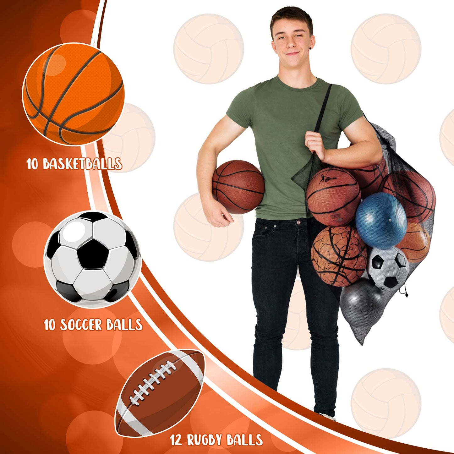 Woanger 3 Pcs Thickened Extra Large Sports Ball Bag Mesh Soccer Net Ball Bag Drawstring Bags Team Work for Holding Basketball, Volleyball, Baseball with Shoulder Strap, 35.4 x 27.5 Inch(Black)