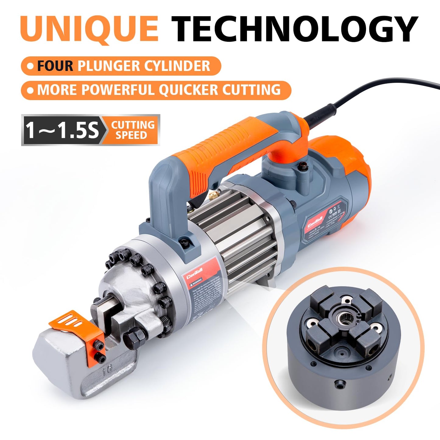 CENTALL 5/8 Inch Electric Hydraulic Rebar Cutter, Portable Rebar Cutter, Cutting up to 4-16mm #5 Rebar, Cutting Speed 1-1.5S 1000W RC16B (Grey + Orange)