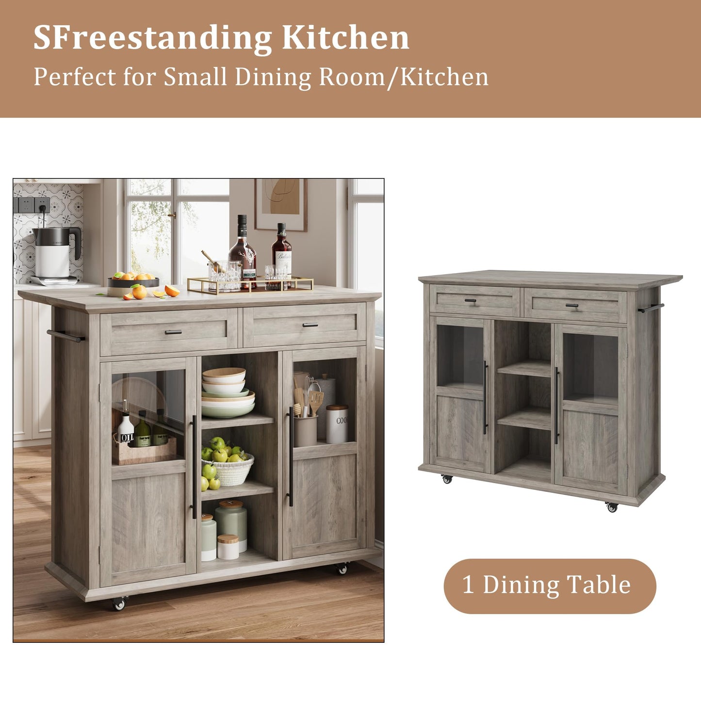 GarveeHome 41 in Rustic Kitchen Island on Wheels - Wood Drop-Leaf Table with 3-Tier Storage, Mobile Coffee Bar Cart (Light Gray)