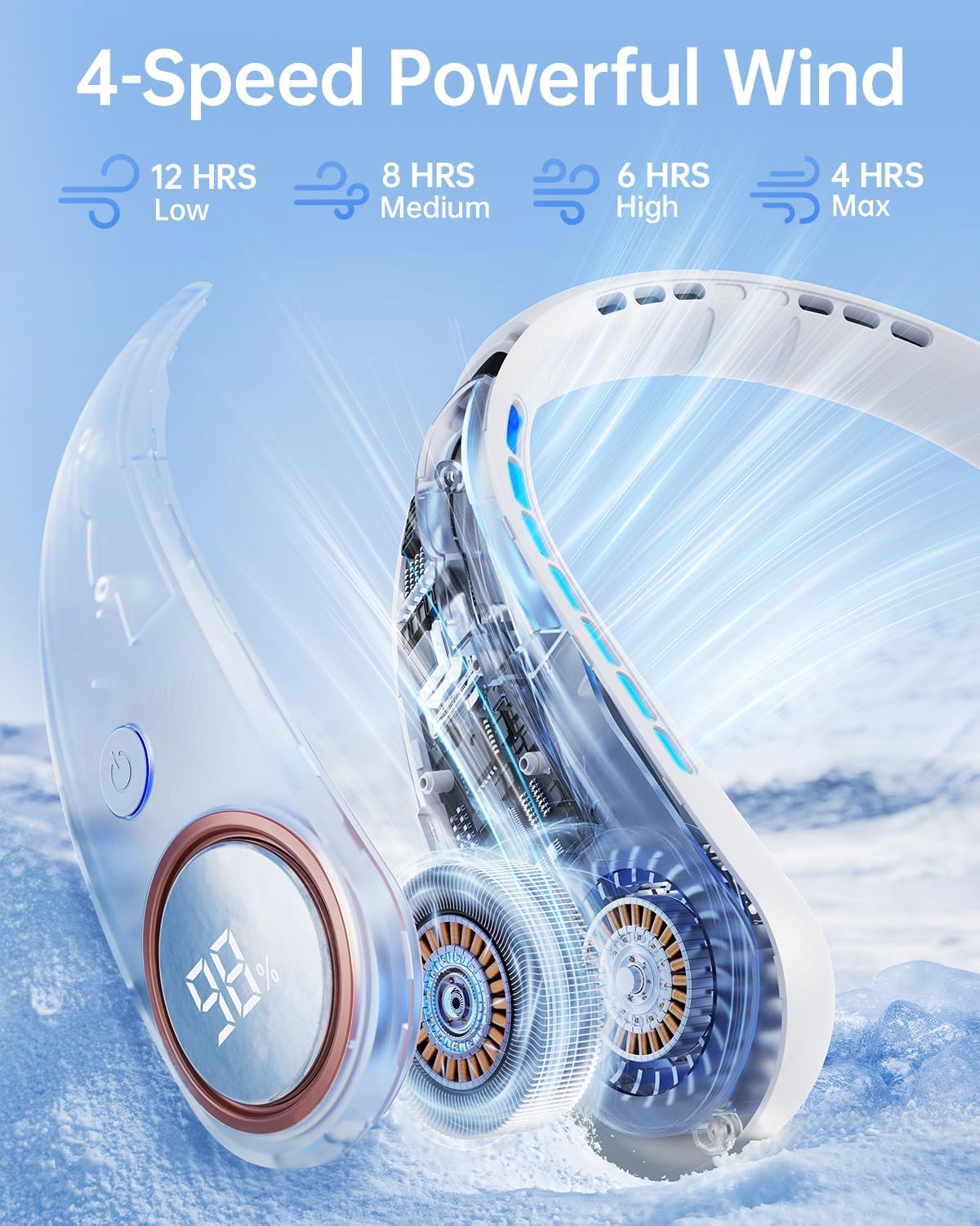 Skiennix Bladeless Neck Fan - Portable Wearable Cooling Device with LED Display, 4 Speeds, 5000mAh Battery | USB Rechargeable (White)