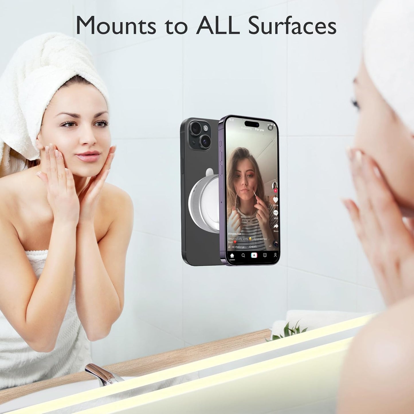 CornrStr 17, 16, 15 Shower Mirror Phone Holder Magsafe Compatible - Instant Suction Reusable Mirror Phone Holder