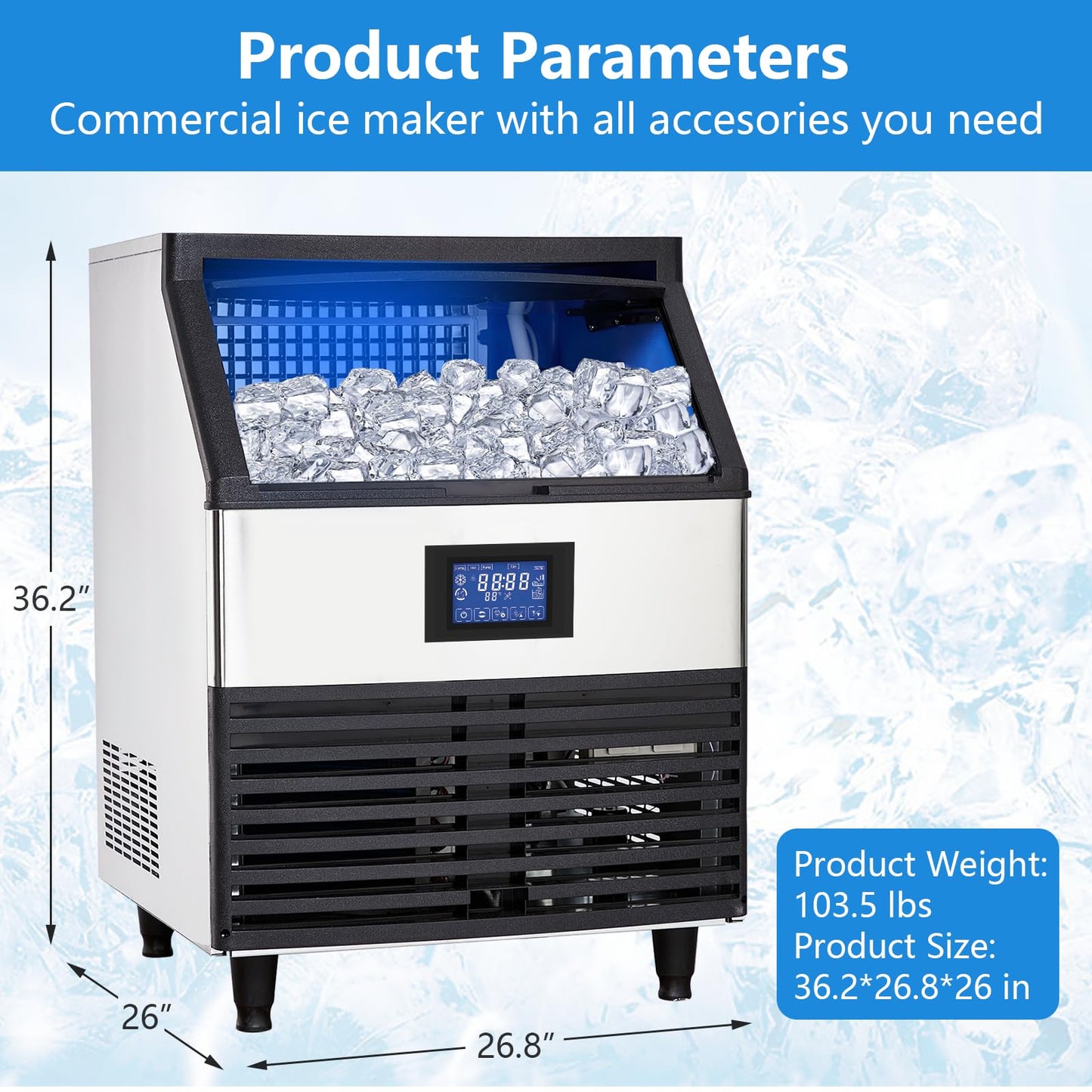 Commercial Ice Maker Machine, 440 LB/24H, 160 Cubes in 5-15 Min, 88 LB Storage Bin, Under Counter Stainless Steel Ice Making Machine for Home Bar Restaurants