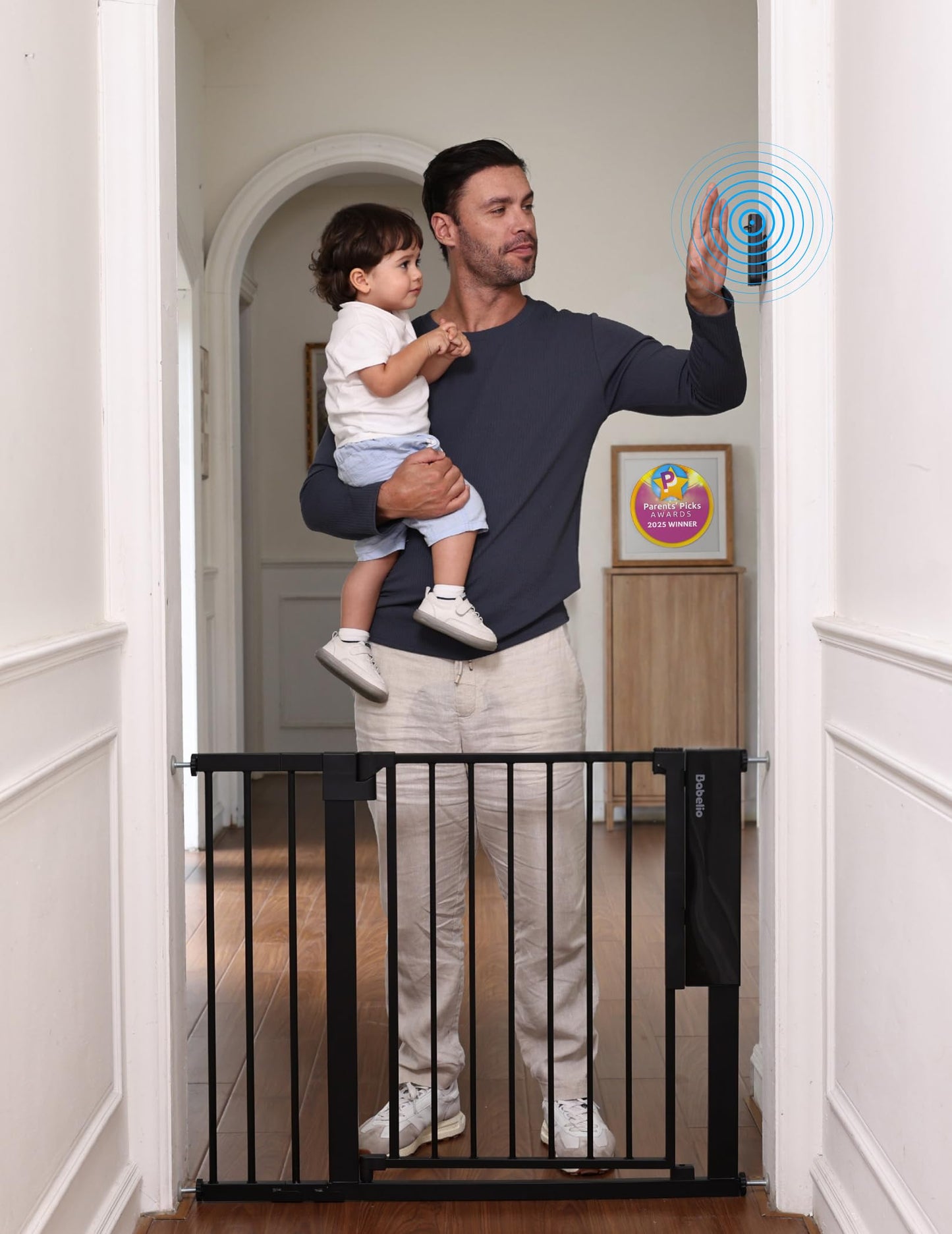 Babelio Smart Baby Gate with Auto-Unlock/Close, Pressure Mounted No Drill for Doorways/Top of Stairs. Pet/Dog Door Wide Walk Thru w/Infrared Sensor & Safety Alert (Black, 26.3-37.8" W, 30" H)