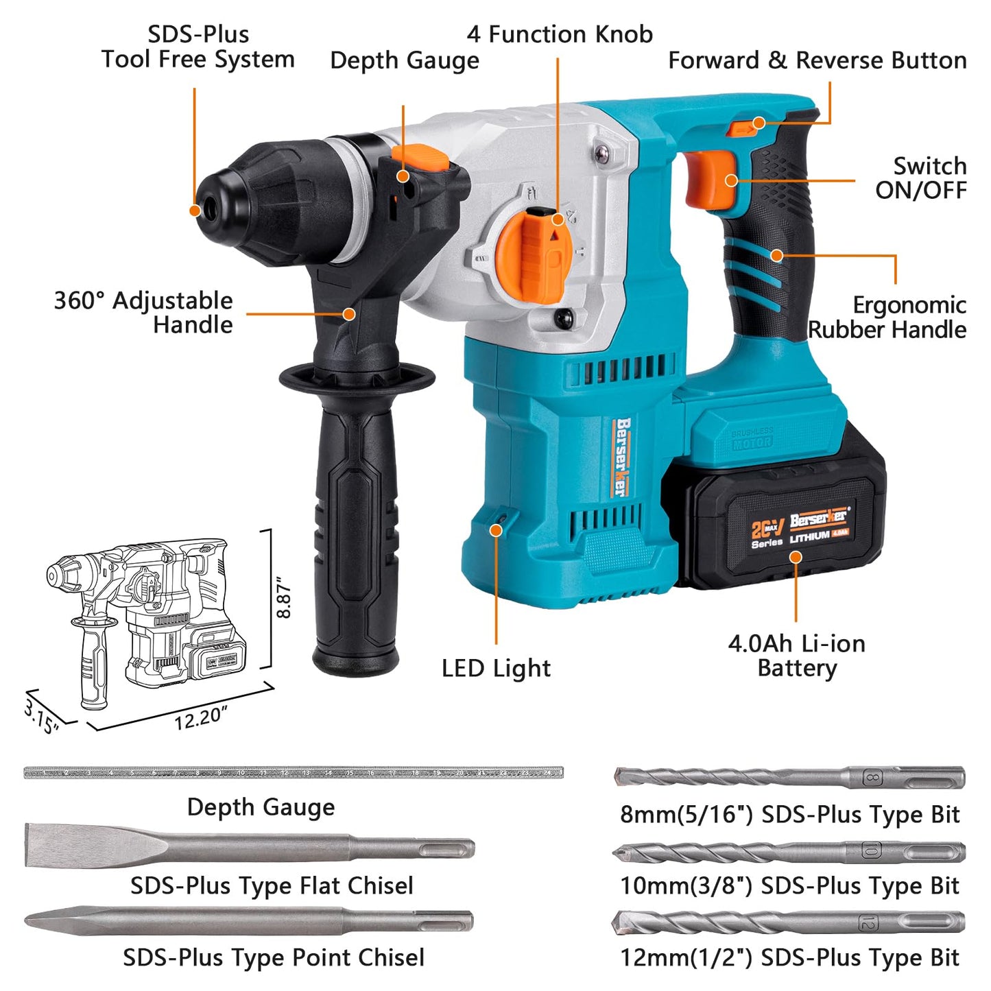 Berserker 20V Cordless 1-1/8" SDS-Plus Rotary Hammer Drill with 17pcs SDS Plus Drill Bits and Chisels Set with Storage Case