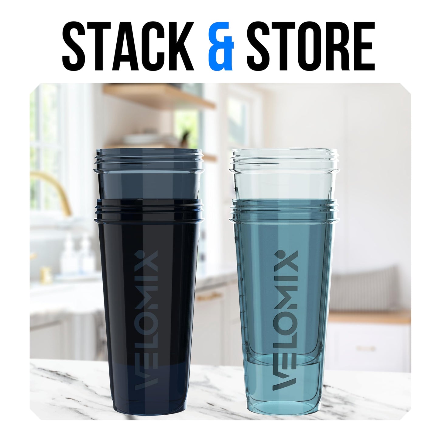 VELOMIX -4 PACK 28 Oz Protein Shaker Bottle for Protein Mixes - 4x Wire Whisk | Leak Proof Shaker Cups for Protein Shakes | Large, Stackable Protein Shaker Bottles Pack | Dishwasher Safe (Aqua Depths)