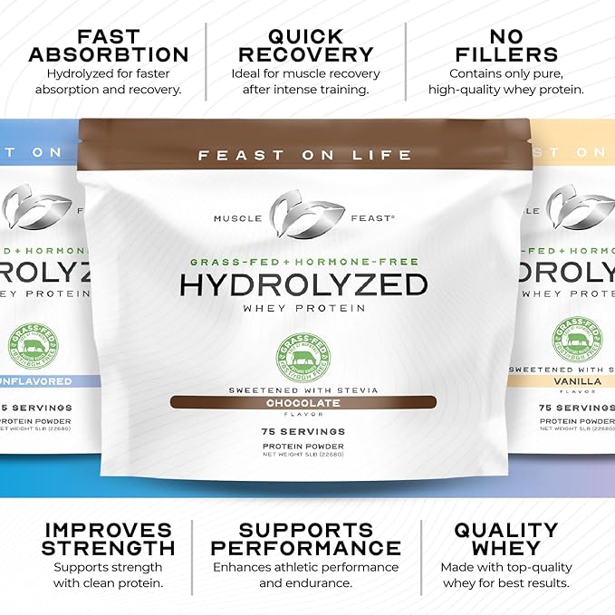 Muscle Feast Hydrolyzed Whey Protein Powder, Grass Fed and All Natural Hormone-Free, Hydro Whey Powder for Men and Women, Gluten Free, Non-GMO, Delicious Hydrolyzed Protein Powder, Unflavored, 5lb