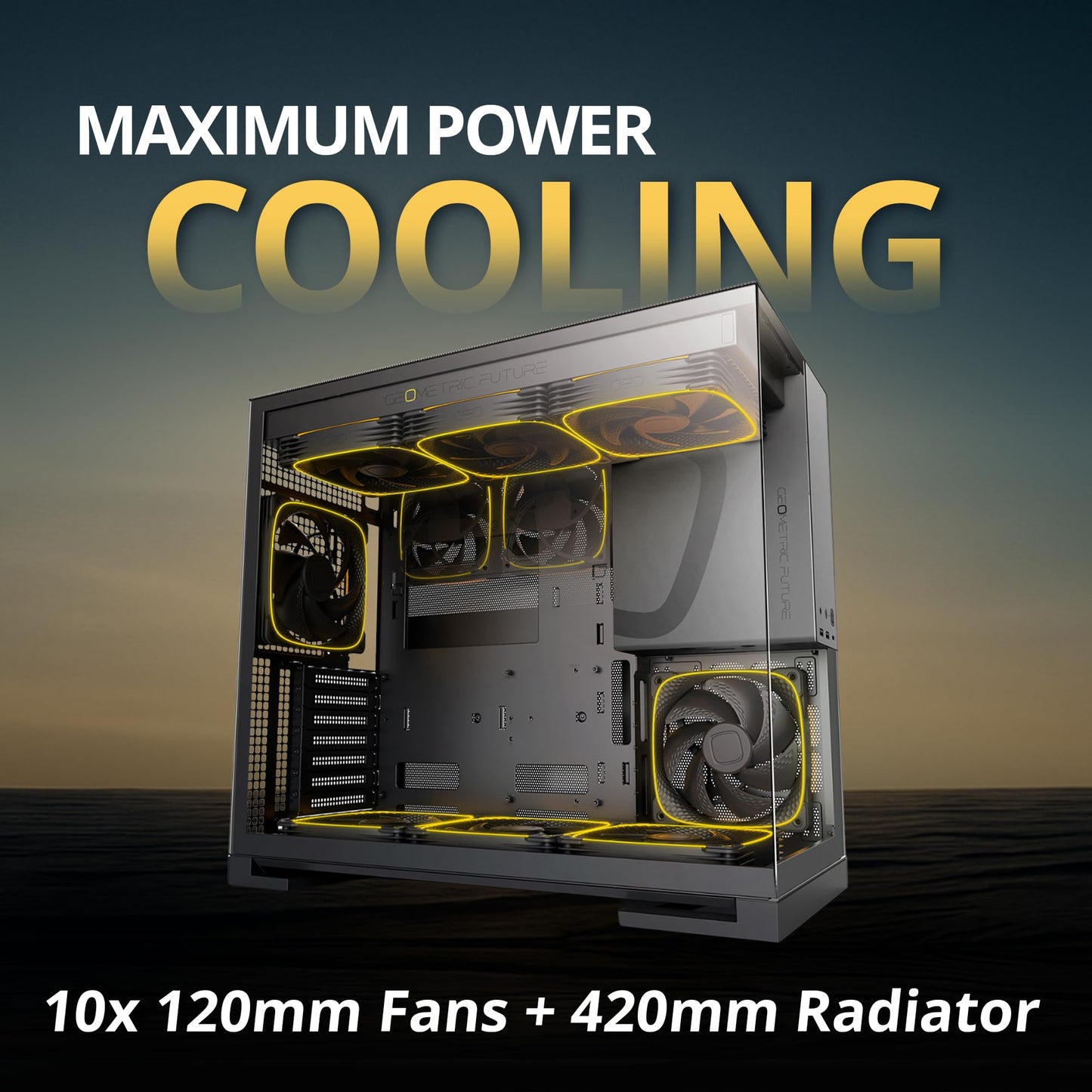 Geometric Future M5 Tempered Glass Mid Tower, E-ATX/ATX Gaming Case, 1.2mm Steel, Type C, Toolless Panels, Support 420/360 Radiator, ARGB PWM 140m Fan x 5 Pre-Installed, Black/Grey, GEO-M5F-BG
