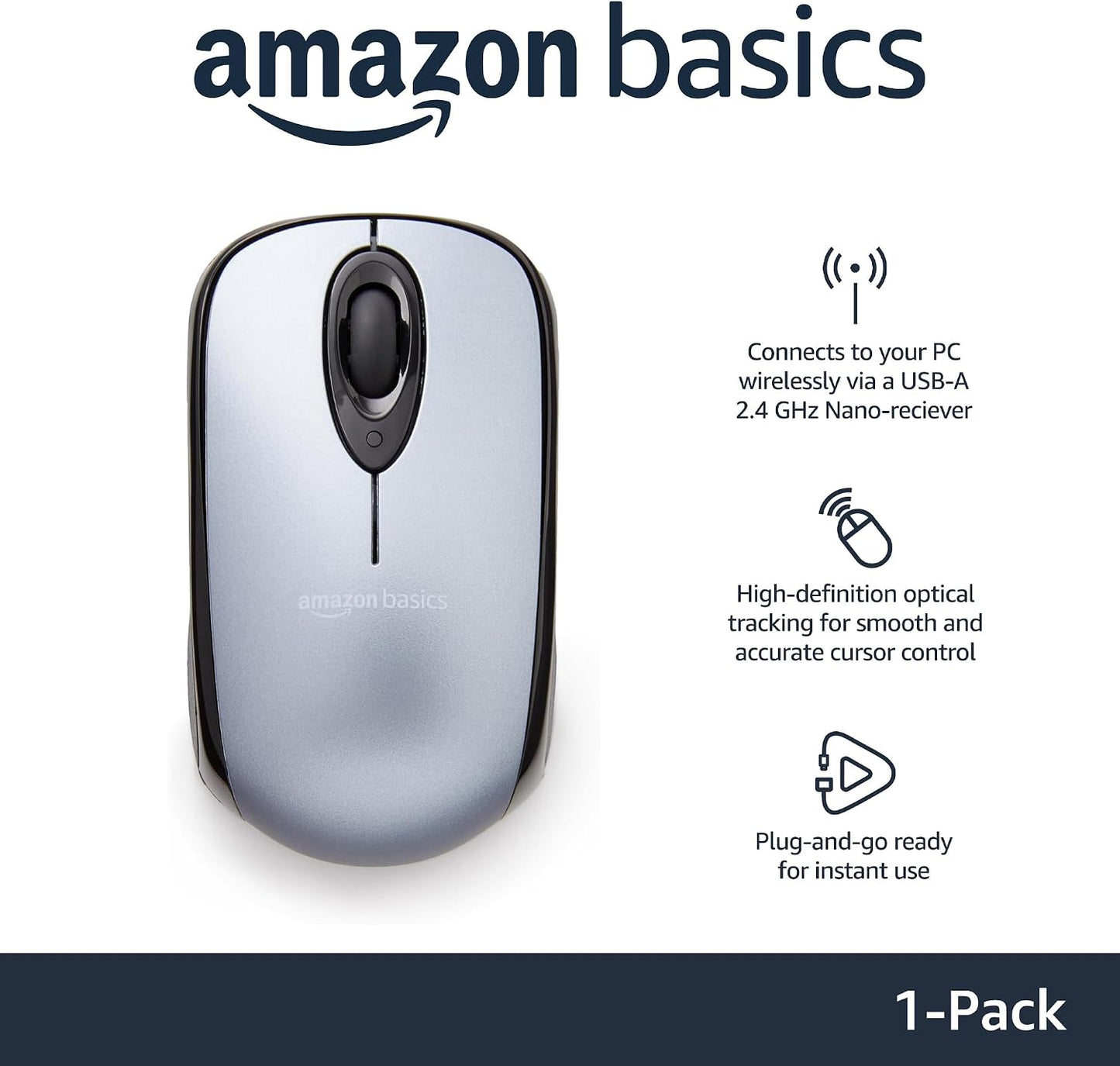 Amazon Basics 2.4 GHz Wireless Optical Mouse - Sleek Silver Design