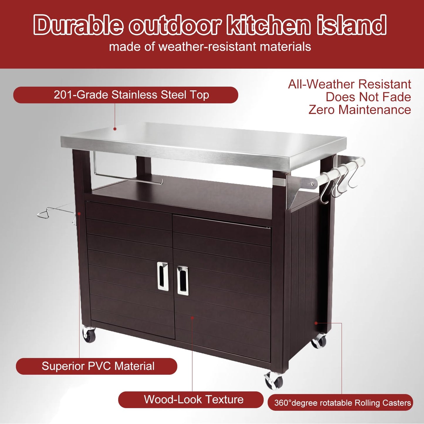 BBQMall Outdoor Grill Cart with Stainless Steel Top & Large Storage Cabinet, Movable Kitchen Island with Wheels for BBQ Food Prep, Pizza Oven Stand 39" x 20" x 35"