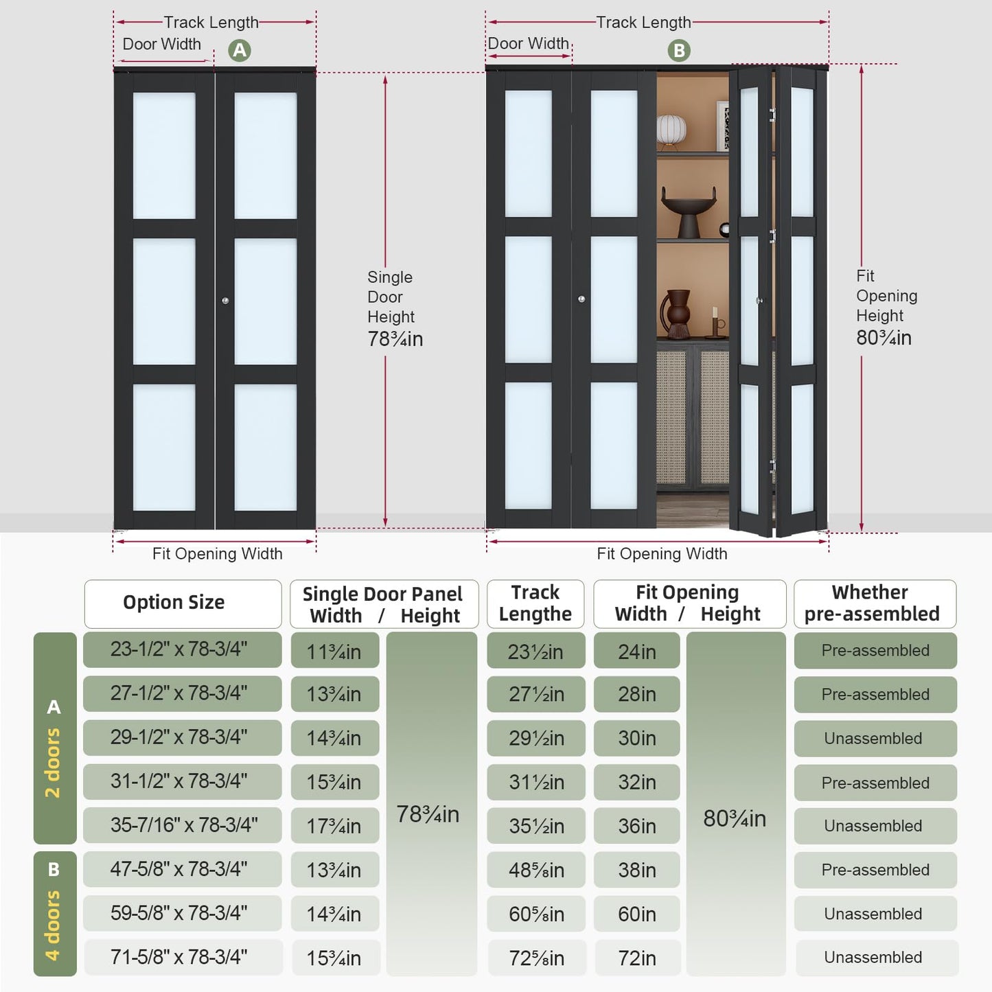 Easelife Bifold Closet Doors,Folding Door for 32" x 80" Opening,3-Lite Tempered Frosted Glass,Black Interior Bi-fold Barn Door with Concealed Sliding Hardware Kit,MDF Panel for Pantry and Laundry