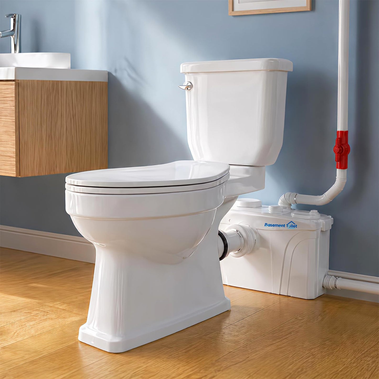 Macerating Toilet Upflush System for Basement Bathroom, Complete Macerating Toilet Kit with 4 Inlets, Toilet Bowl, Water Tank, Soft Close Seat & Extension Pipe, for Sink Shower Kitchen