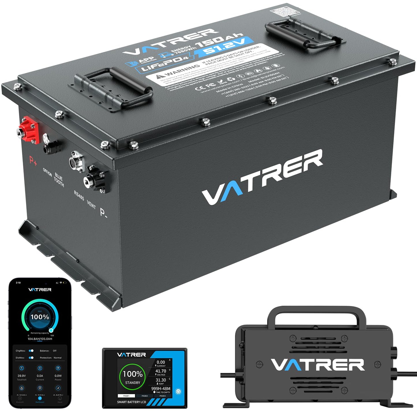 VATRER POWER 48V 150Ah Lithium Golf Cart Battery, Built-in Smart 200A BMS, with Touch Monitor & Mobile APP, 4000+ Cycles Rechargeable LiFePO4 Battery, Max 10.24kW Power Output, Perfect for Golf Carts