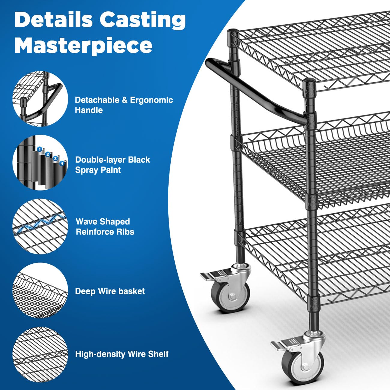 Leteuke Heavy Duty Rolling Utility Cart, 45 Inch Kitchen Carts with Wheels, NSF Commercial Grade with Handle & Shelf Liners, 1120LBS Storage Cart for Kitchen,Restaurant,Plant Display-Black