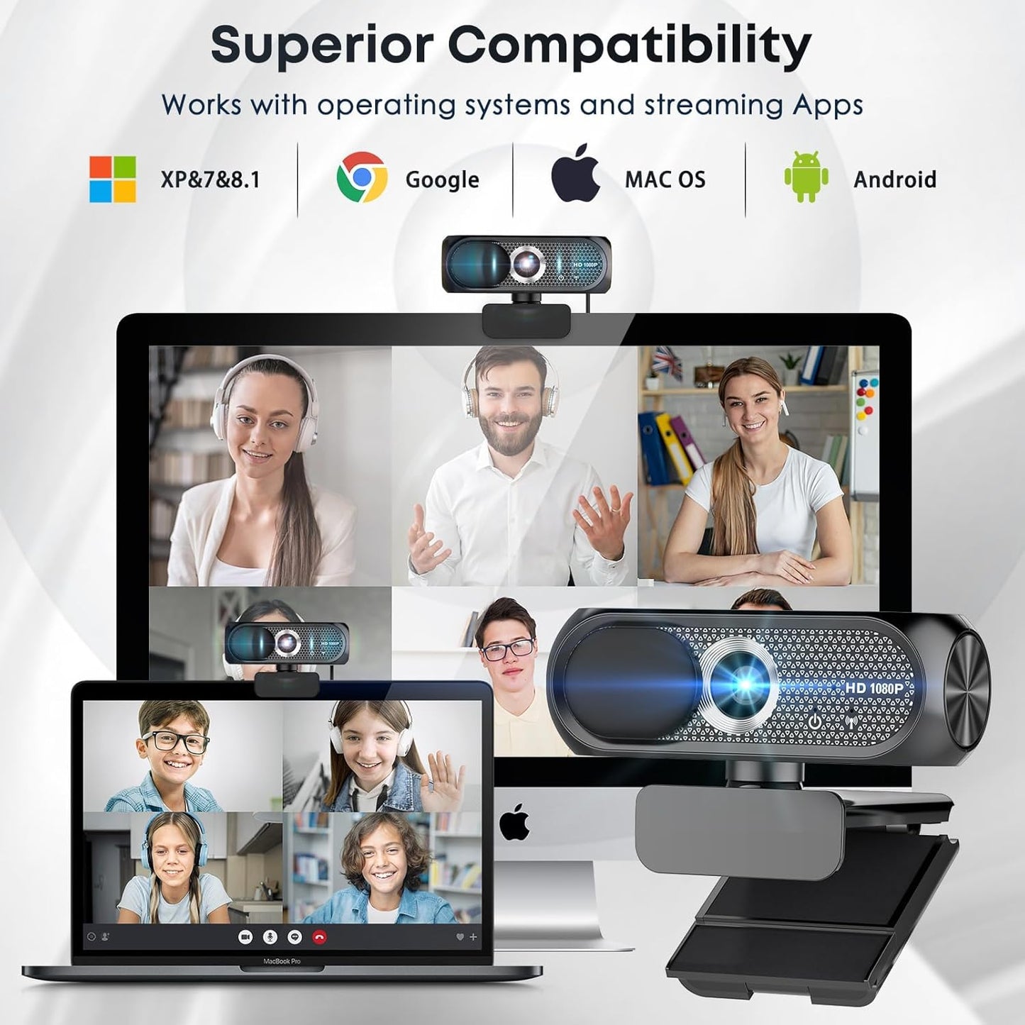 Shcngqio 2K Webcam with Microphone, Privacy Cover, Wide-Angle Lens, Auto Light Correction, Plug & Play USB Webcam