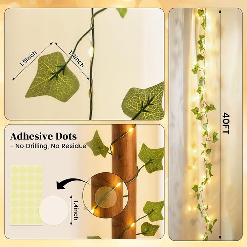 DomeStar 40Ft LED Fairy Lights with Vines - Remote-Controlled Curtain String Lights for Indoor/Outdoor Decor