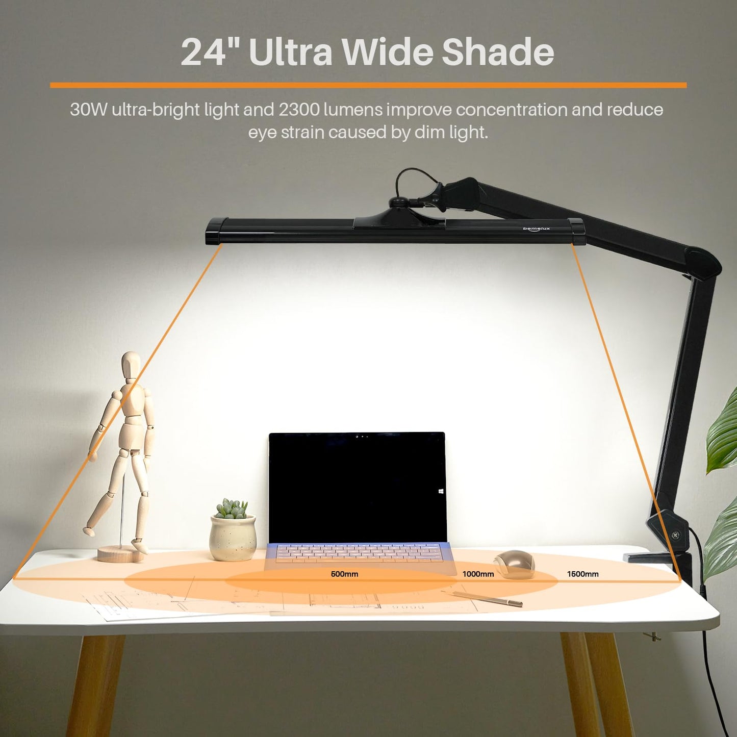 Bemelux LED Architect Desk Lamp, 2300 Lumens, Dimmable, Metal Swing Arm, 5 Color Temperatures, 30W, Ideal for Task Work, Drafting, Reading, Clamp-on Office Table Lamp with 360 Bright LEDs (Black, CCT)