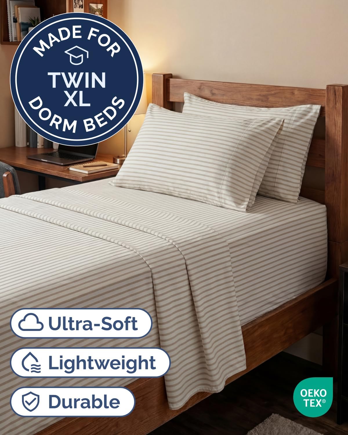 Skiennix Extra Deep Twin XL Sheet Set - 4-Piece Breathable Cooling Bedding - Soft Wrinkle-Free Beige Stripes