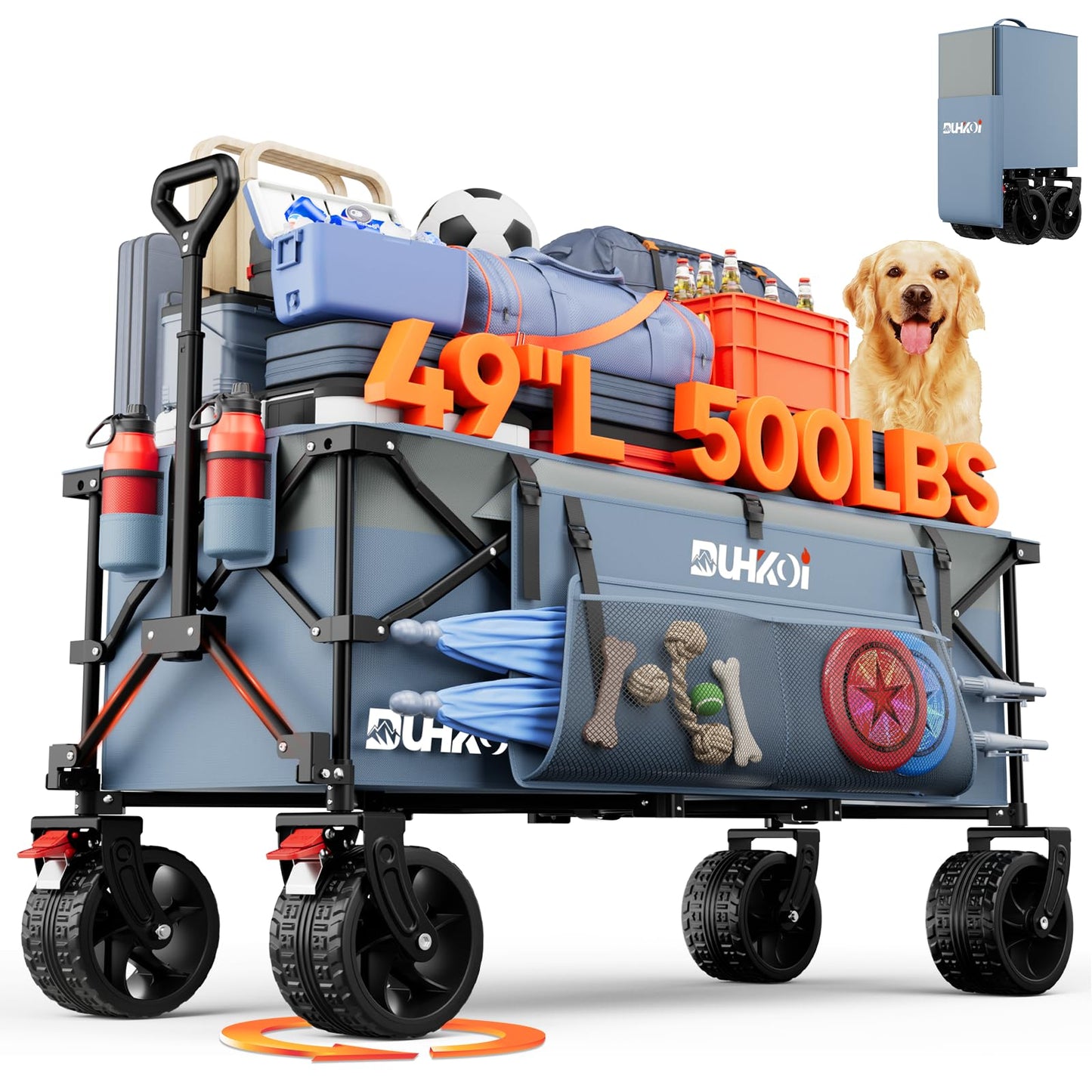 Duhkoi 49" L Collapsible Extended Wagon with 500lbs Weight Capacity,300L Heavy Duty Sports Wagon,Big All-Terrian Wheels with Cup Holders,Cart for Sports,Grocery,Shopping(LightBlue)