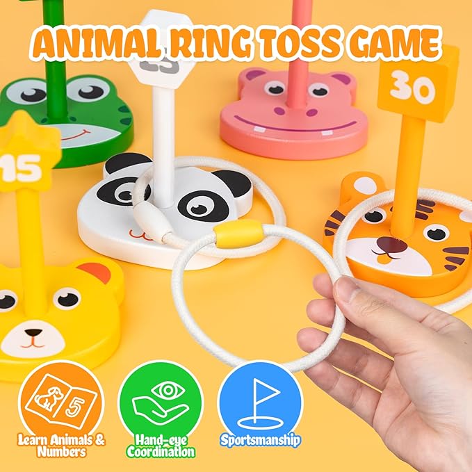 Wooden Ring Toss Game Set, Animal Ring Toss Game Toys, Fun Indoor & Outdoor Yard Game for Kids Adults - Lawn and Backyard Game for Family Birthday Party Easter Festivals Summer Beach Fun Activities