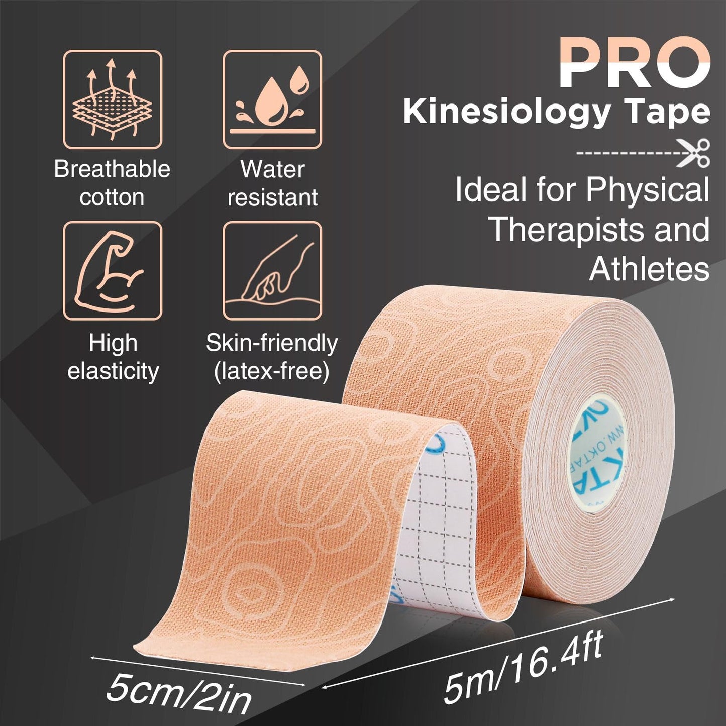 OK TAPE PRO Kinesiology Tape Uncut Roll, Elastic Physical Therapy Athletic Tape for Pain Relief, Muscle Support, Kinetic Tape, Water Resistant, 2in X 16.4ft -Beige 4 Pack