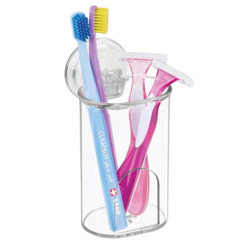 iDesign Plastic Suction Tumbler Cup and Bathroom Organizer for Mirror or Shower Storage – 3" x 3.5" x 4.5", Clear