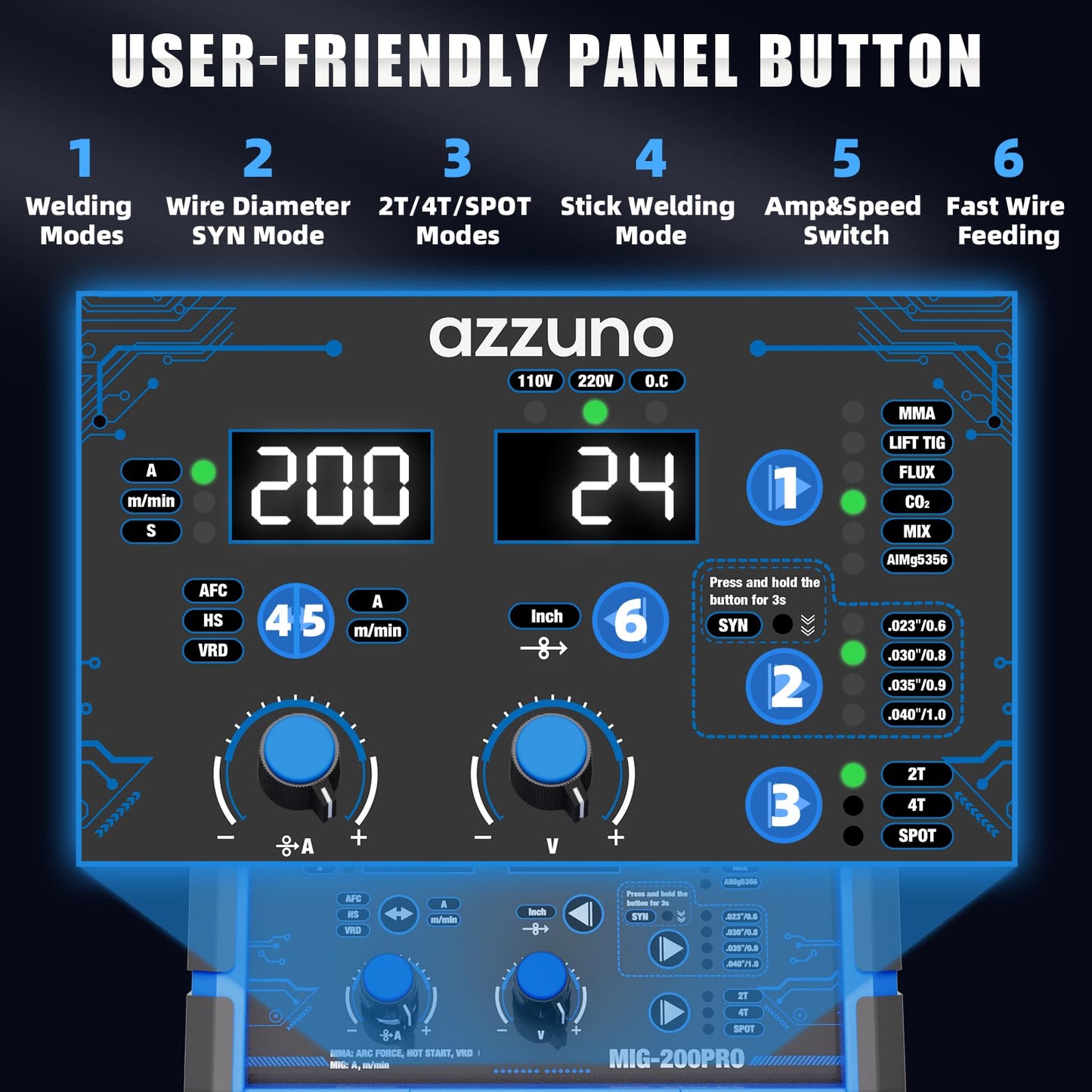 AZZUNO MIG Welder 110V/220V+Spool Gun, 200A 8 in 1 Welder Machine Flux Core MIG/Gas MIG/MAG/Aluminum MIG/Spot MIG/Lift TIG/Stick Welding/Spool Gun Compatible, Multiprocess Welding Machine