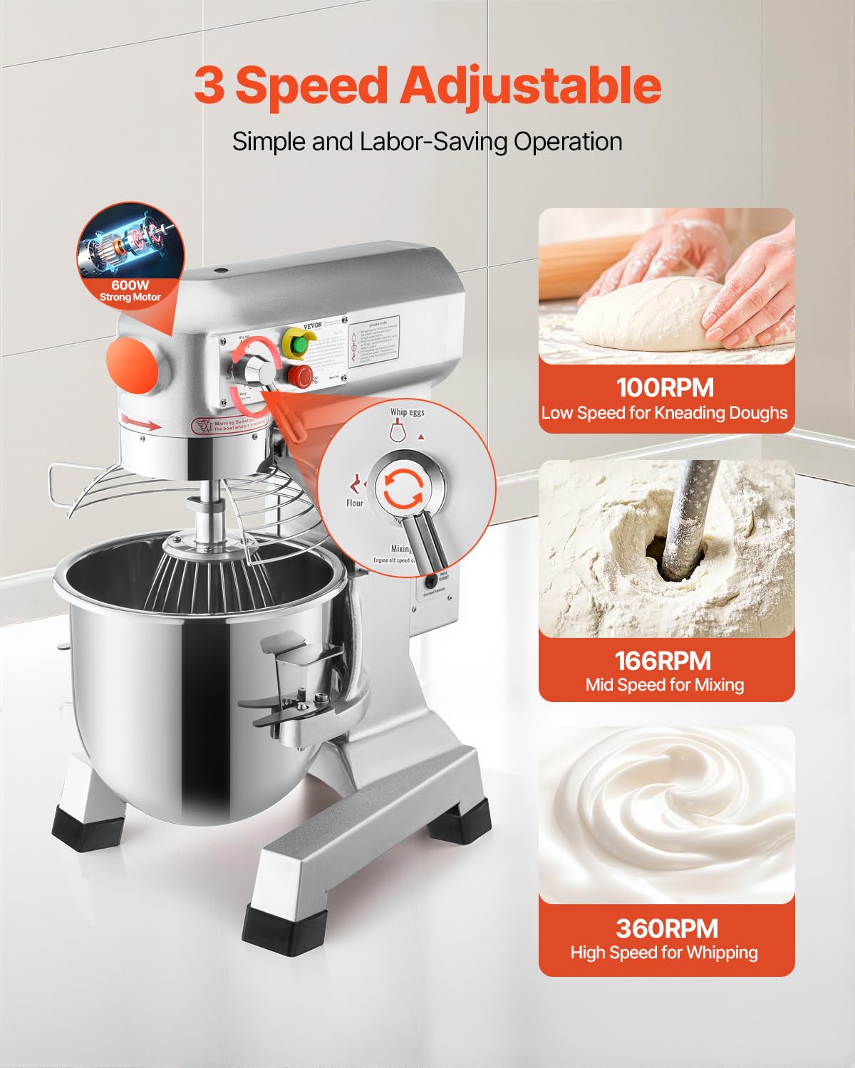 Happybuy 20Qt Commercial Food Mixer with Timing Function， Commercial Mixer 1100W Stainless Steel Bowl Heavy Duty Electric Food Mixer Commercial with 3 Speeds Adjustable, Perfect for Bakery Pizzeria