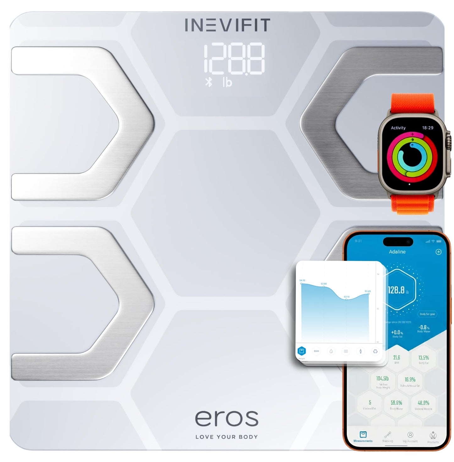 INEVIFIT EROS Bluetooth Body Fat Scale Smart BMI Highly Accurate Digital Bathroom Body Composition Analyzer with Wireless Smartphone APP 400 lbs 11.8 x 11.8 inch (White)